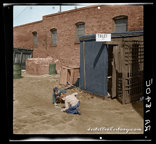 Colorized version of Boys Playing Marbles in an Alley